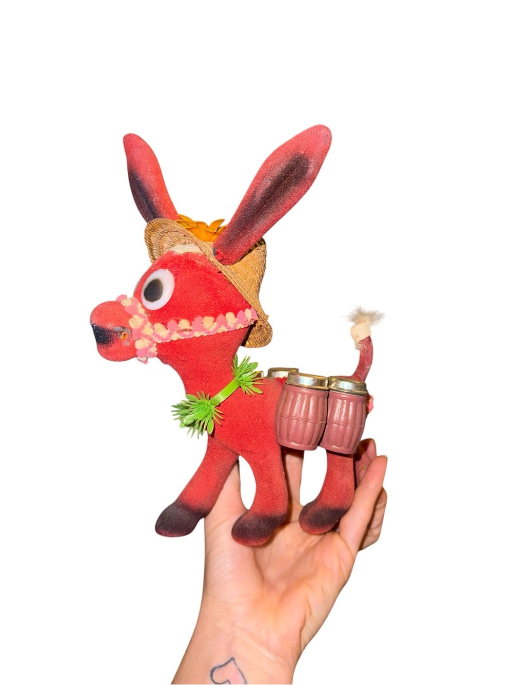 Large vintage kitschy flocked donkey with salt and pepper shakers